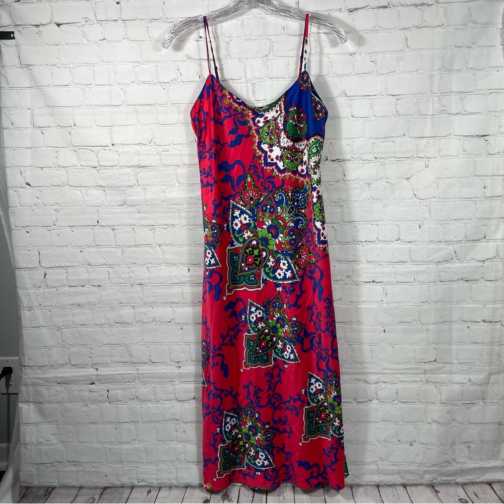 NATORI Geisha Slip Midi Dress Spaghetti Strap in Pink Multi Printed Size XS